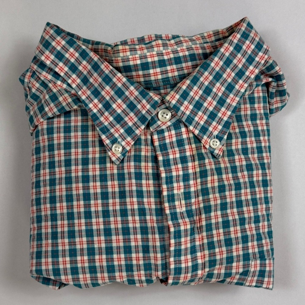 L.L. Bean Mens XXL Short Sleeve Plaid Button Down Shirt Teal Traditional Fit